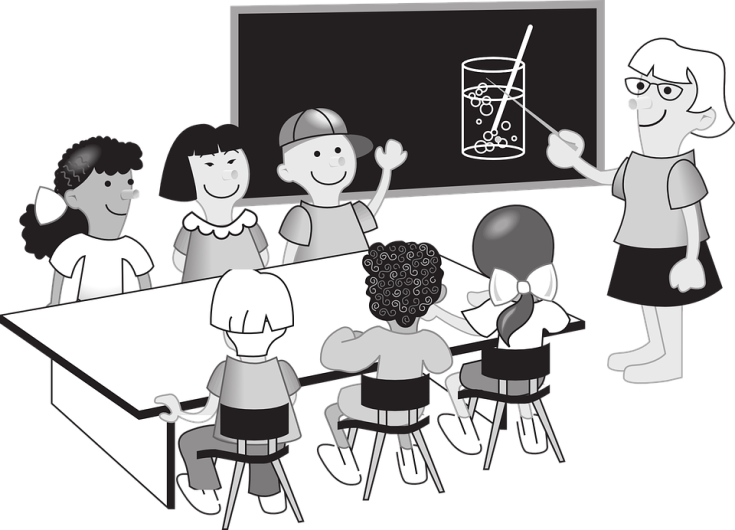 Dessin d'écoliers autour d'une table et écoutant leur institutrice