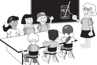 Dessin d&#039;écoliers autour d&#039;une table et écoutant leur institutrice